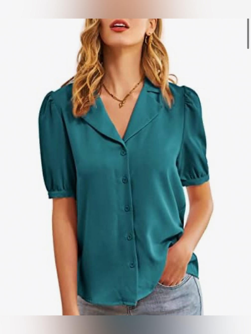 Grace Karin Teal button down v neck short sleeve office blouse Womens Small